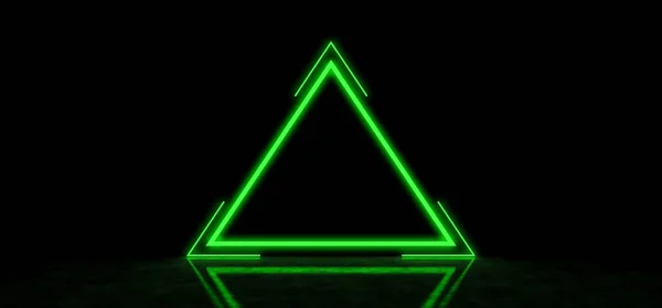 Gloeiend mystiek teken in de vorm van een driehoek in een donkere ruimte met prachtige reflecties op de vloer. 3D Render — Stockfoto