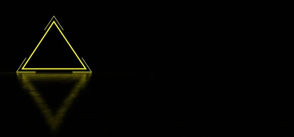 Glödande triangel i mörk rymd. Glödande pyramid, reflektioner på det blanka golvet. 3D-Render — Stockfoto