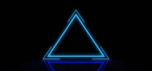 Glowing blue triangle with stripes in a dark space. Glowing abstract blue pyramid. Glowing abstract triangle shaped sign.. 3D Render Stock Picture