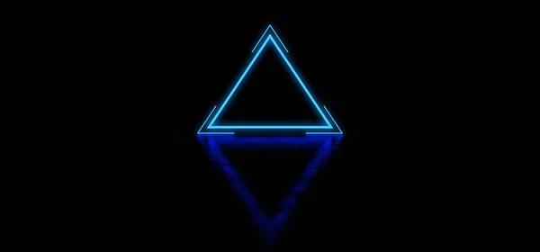 สามเหลี่ยมสีฟ้าเรืองแสงที่มีลายเส้นในพื้นที่มืด ปิรามิดสีน้ําเงินเรืองแสง สัญลักษณ์รูปสามเหลี่ยมนามธรรมที่ส่องแสง.. 3D Render รูปภาพสต็อก
