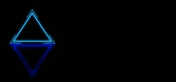 Świecący niebieski trójkąt z paskami w ciemnej przestrzeni. Świecąca abstrakcyjna niebieska piramida. Świecący abstrakcyjny trójkąt w kształcie znaku.. 3D Render Obraz Stockowy