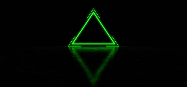 Glödande mystisk skylt i form av en triangel i ett mörkt utrymme med vackra reflektioner på golvet. 3D-Render Royaltyfria Stockbilder