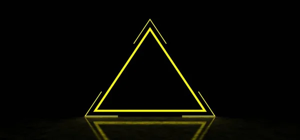 Świecący trójkąt w ciemnej przestrzeni. Świecąca piramida, odbicia na błyszczącej podłodze. Renderowanie 3D Obrazek Stockowy