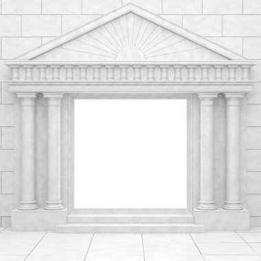 Beyaz taştan bir duvara karşı antika tarzda beyaz bir portal. Klasik tarzda sütunları olan parlak bir portal. 3B Hazırlama