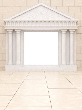 Beyaz portal, bej taştan bir duvara karşı antika tarzında. Klasik tarzda sütunları olan parlak bir portal. 3B Hazırlama