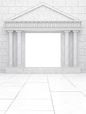 Beyaz taştan bir duvara karşı antika tarzda beyaz bir portal. Klasik tarzda sütunları olan parlak bir portal. 3B Hazırlama