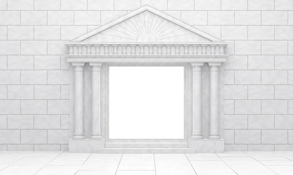 ประตูสีขาวในสไตล์โบราณกับผนังของหินสีขาว ประตูเรืองแสงที่มีคอลัมน์ในสไตล์คลาสสิก การแสดงผล 3 มิติ — ภาพถ่ายสต็อก