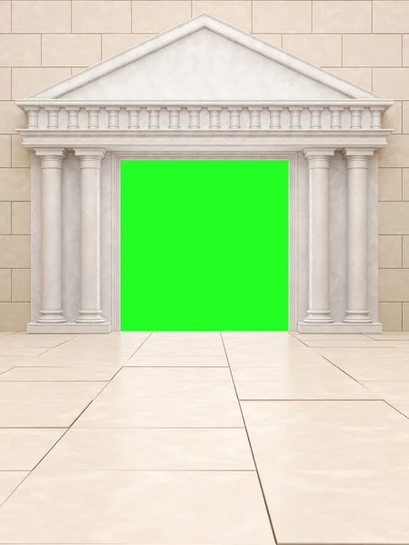 Beige portal in antique style, against a beige stone wall. Mock up frame of the classic columns Isolated on green. 3D Render Stock Photo