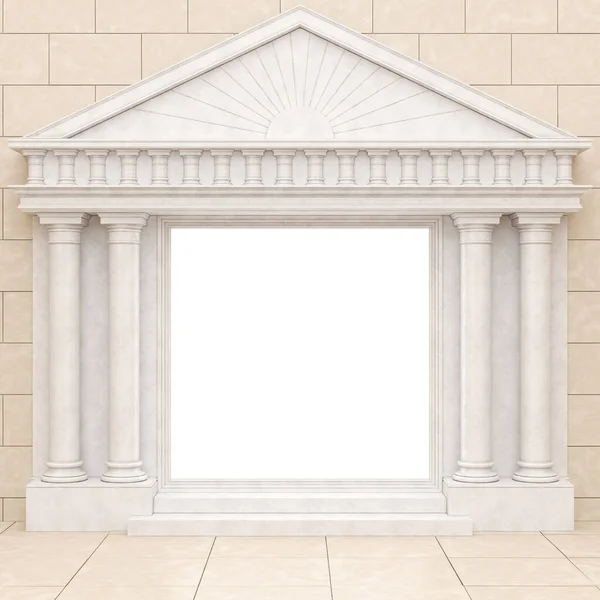 Vit portal i antik stil, mot en beige stenmur. Glödande portal med pelare i klassisk stil. 3D-Render Royaltyfria Stockfoton