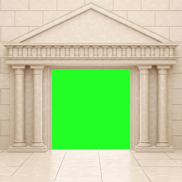 Beżowy portal w stylu antycznym, pod beżową kamienną ścianą. Makieta ramy klasycznych kolumn Izolowane na zielono. Renderowanie 3D Obraz Stockowy