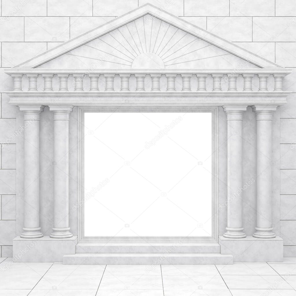 A white portal in antique style, against a wall of white stone. Glowing portal with columns in a classic style. 3D Render