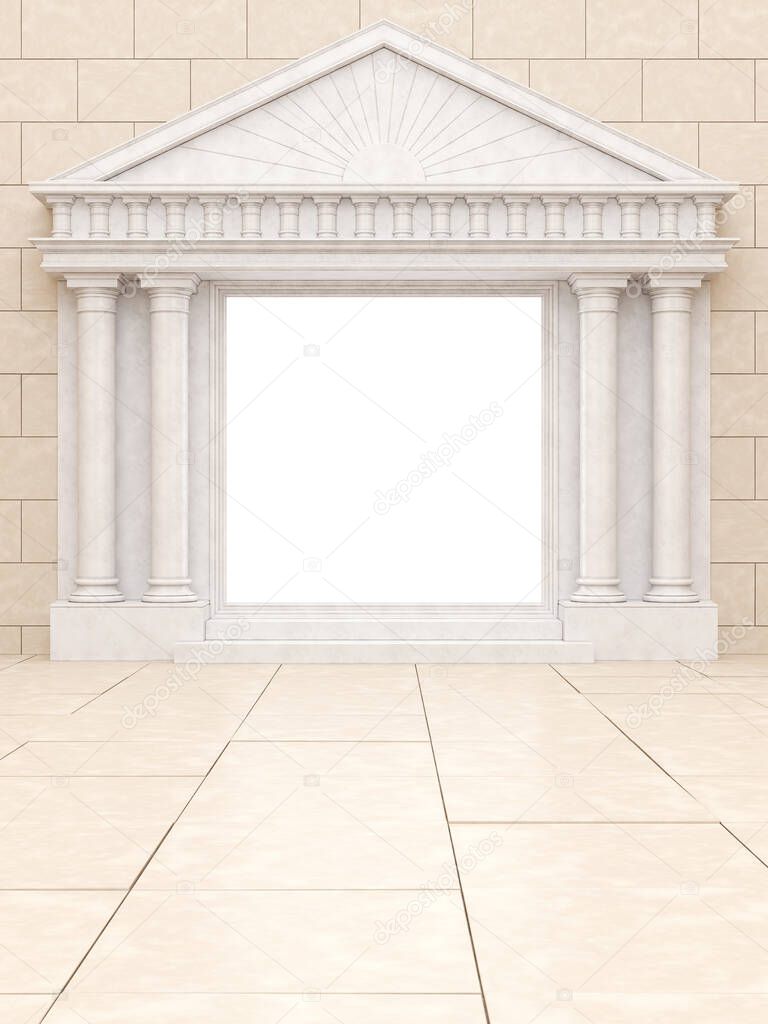 White portal in antique style, against a beige stone wall. Glowing portal with columns in a classic style. 3D Render
