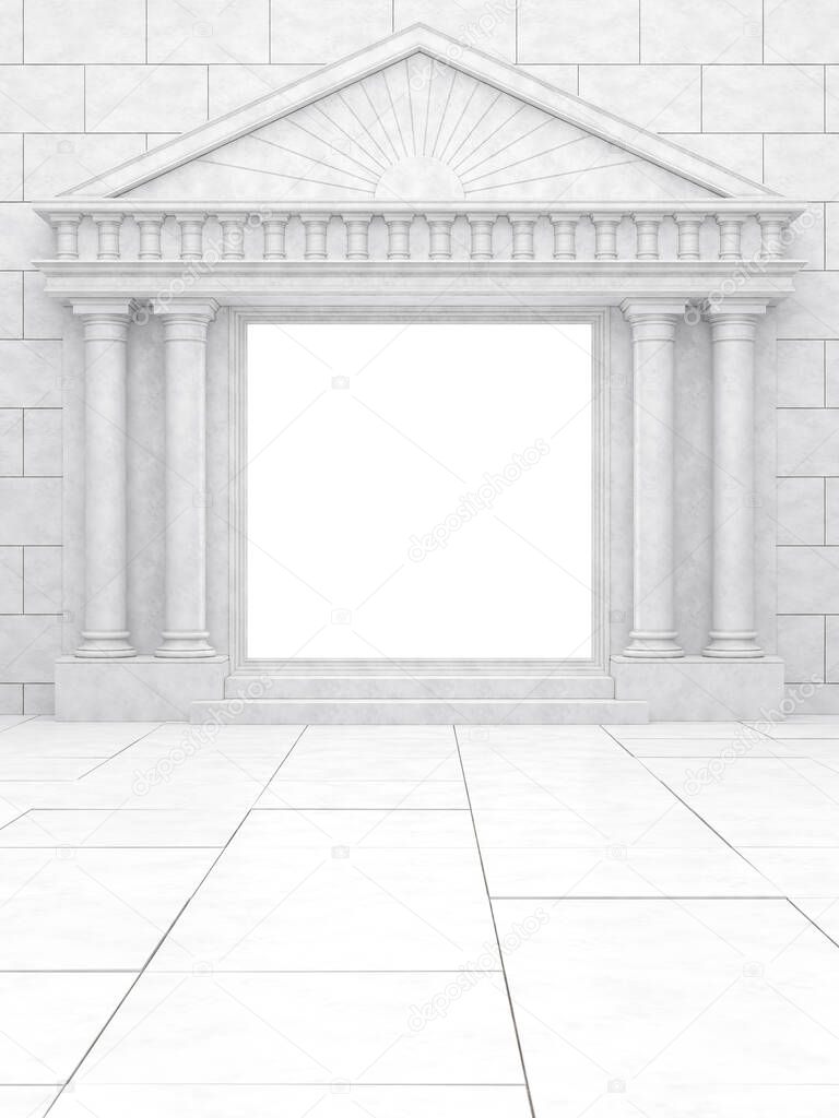 A white portal in antique style, against a wall of white stone. Glowing portal with columns in a classic style. 3D Render