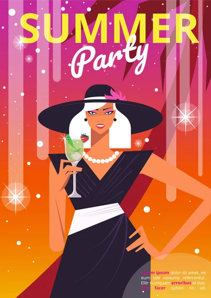 Lato Plakat Dziewczyna Cocktail Party Lato — Wektor stockowy