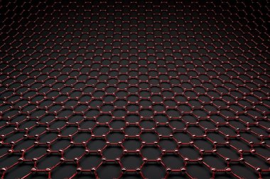 Grafin yüzey, parlak kırmızı tahvil ve gri karbon atomu 3D render