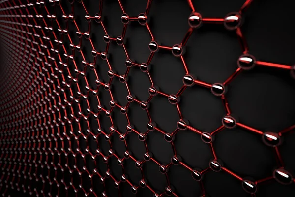 グラフェン面 光沢のある赤い債券 灰色の炭素原子の レンダリング — ストック写真