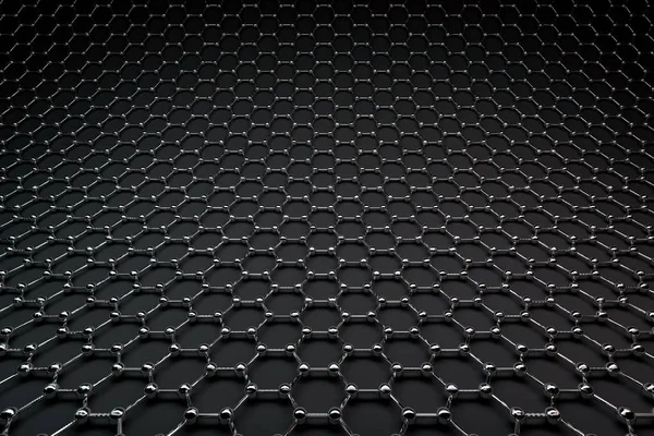 Grafin yüzey, parlak karbon atomu ve siyah tahvil 3D render