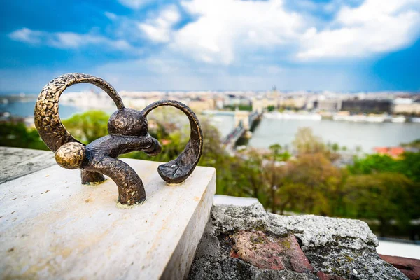 Vue Budapest Depuis Funiculaire Budapest Castle Hill Statuette Bronze Premier — Photo