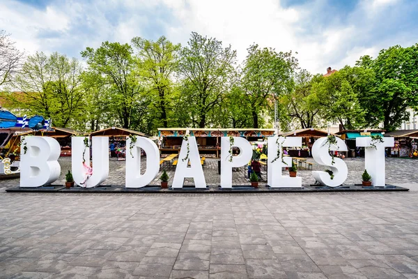 Budapest Hungary April 2019 Budapest Text Made Gypsum City Center — Stock Photo, Image