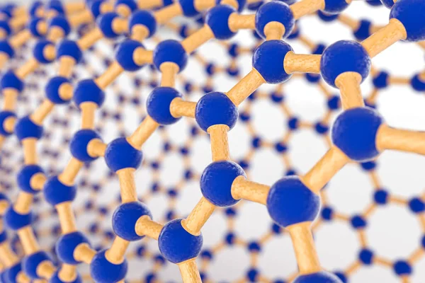 Representación Superficie Del Nanotubo Átomos Carbono Azul Enlaces Amarillos Fondo — Foto de Stock