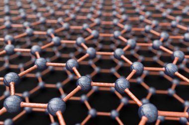 Siyah yüzeyde üç boyutlu grafen tabakaları, mavi metalik atomlar ve turuncu bağlar