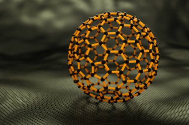 3 boyutlu fulleren küresi, sarı bağlar, siyah atomlar, koyu arkaplan