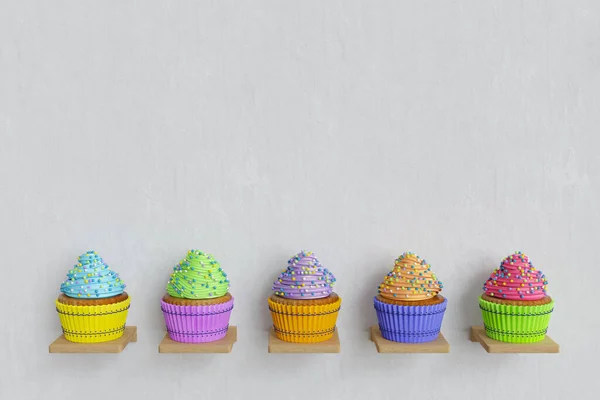 Rendering Color Cupcakes Shelves Each Cupcake Has Different Color Cupcake — Stock Photo, Image