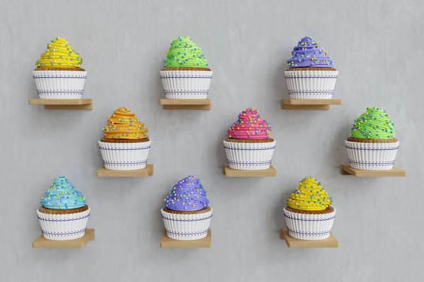 Rendu Cupcakes Couleur Sur Les Étagères Chaque Cupcake Cupcake Blanc — Photo