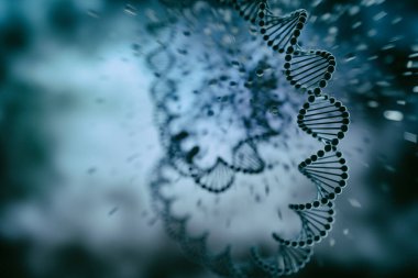 Arkaplanda 3 boyutlu kıvrımlı DNA sarmalları, koyu mavi arkaplan, su damlaları ve diğer parçacıkların oluşturulması