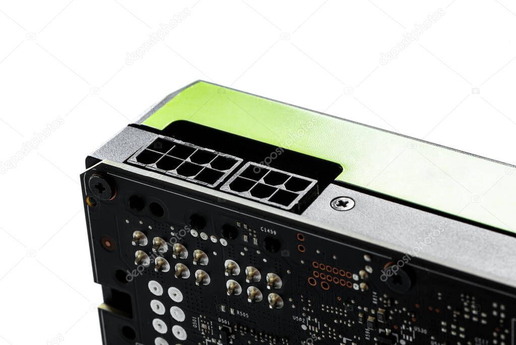Professioinal PC gaming GPU, detail of 6 Pin and 8 Pin Power Connector, visible circuit board