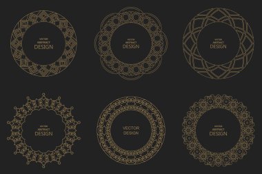 Monogram satır vintage çerçeveler. Tebrik kartları. Düğün davetiyeleri. Retro tarzı. Vektör logo şablonu, etiketleri ve rozetleri. Dairesel desenler. Yuvarlak süsler. Eski moda stil. ayarla