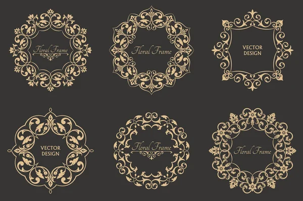 Set Circular Baroque Patterns Floral Ornaments Vintage Frames Greeting Card — Stock Vector