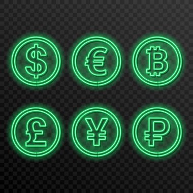 Neon simgeleri şeffaf bir arka plan üzerinde para birimlerinin kümesidir. Dolar, euro, sterlin, yuan, Rublesi, bitcoin. Parlayan banka notları. Tasarım öğeleri. Retro tarzı. Vektör çizim.