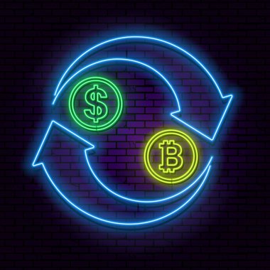 Neon Illustration bir ok Döviz Alım Satım. Bir retro tarzı parlayan başlığında. Banka hareketleri ile cryptocurrency. Tasarım öğeleri. Vektör çizim.