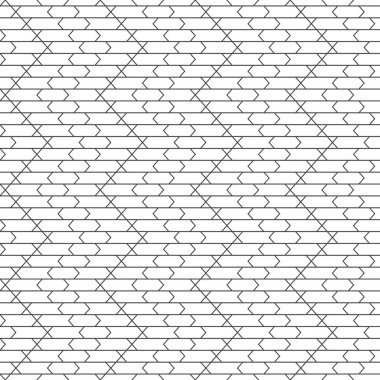 Kusursuz desen. Modern stil geometrik doku. Düzenli olarak tekrarlanan ince çizgiler, haçlı zikzak şekilleri, altıgenler. Soyut doğrusal dokulu arkaplan. Grafiksel tasarımın taşıyıcı elemanı.