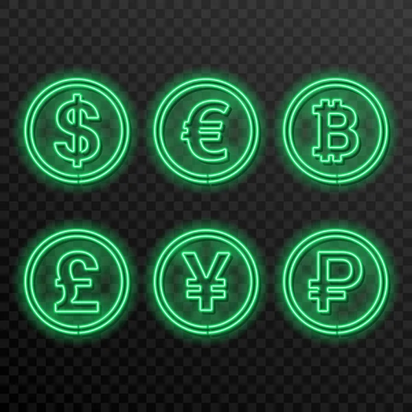 Ensemble Symboles Néon Des Monnaies Sur Fond Transparent Dollar Euro — Image vectorielle