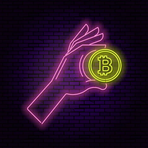 Néon Illustration Main Tenant Symbole Bitcoin Bannière Brillante Dans Style — Image vectorielle