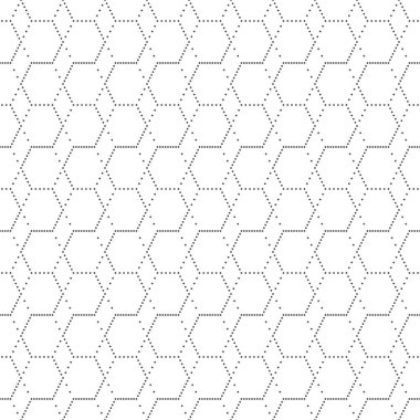 Kusursuz desenli. Düzenli olarak tekrarlayan geometrik şekilleri olan modern stil dokusu, küçük noktalar, noktalı altıgenler, eşkenar dörtgenler, elmaslar. Grafiksel tasarımın vektör ögesi