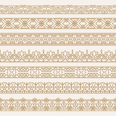 Bir vektör sanat bölücüler Doğu tarzı set. Doğrusal takı tasarımı için. Kenarlık metni, davetiyeler, çeşitli baskı baskı için. Altın sorunsuz tasarım unsurları.