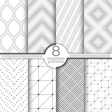 Vektör Dikişsiz desen seti. Küçük noktalı modern şık dokular. Noktalı şekillerle sonsuz yinelenen geometrik süsler. altıgen, zigzag, köşegen, yıldız, Çokgen, kare, üçgen.