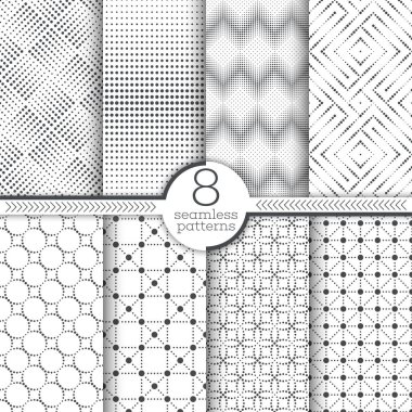 Vektör Dikişsiz desen seti. Küçük noktalı modern şık dokular. Noktalı şekillerle sonsuz yinelenen geometrik süsler. zikzaklar, daireler, edikula, üçgen.