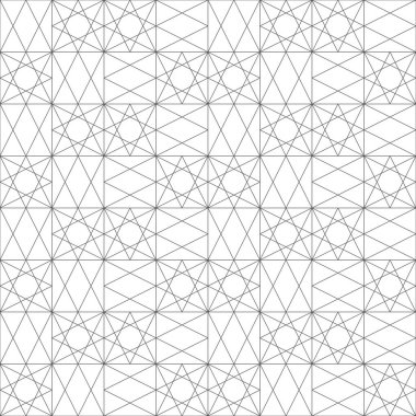 Kusursuz desen. Modern zarif doku. Geometrik şekillerle, eşkenar dörtgenlerle, elmaslarla, yıldızlarla, çokgenlerle, üçgenlerle düzenli olarak yinelenen doğrusal süslemeler. İnce çizgi. Grafiksel tasarımın vektör ögesi