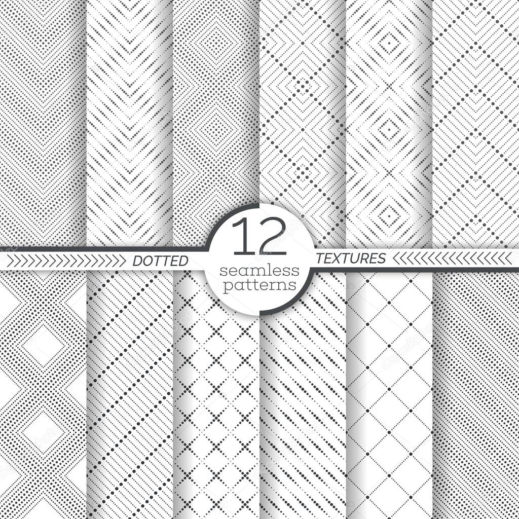 Set of dotted seamless patterns. Abstract lace background. Modern small dotted texture with regularly repeating geometrical shapes, small dots, dotted rhombus, diamond, zigzags.