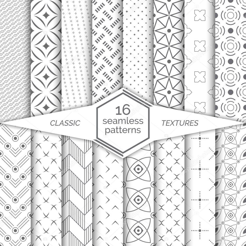 Big set of seamless patterns. Classical simple textures.Regularly repeating geometrical wrapping surfaces with rhombuses,stars,dots,circle,lines,arcs,corners,crosses.Vector element of graphical design