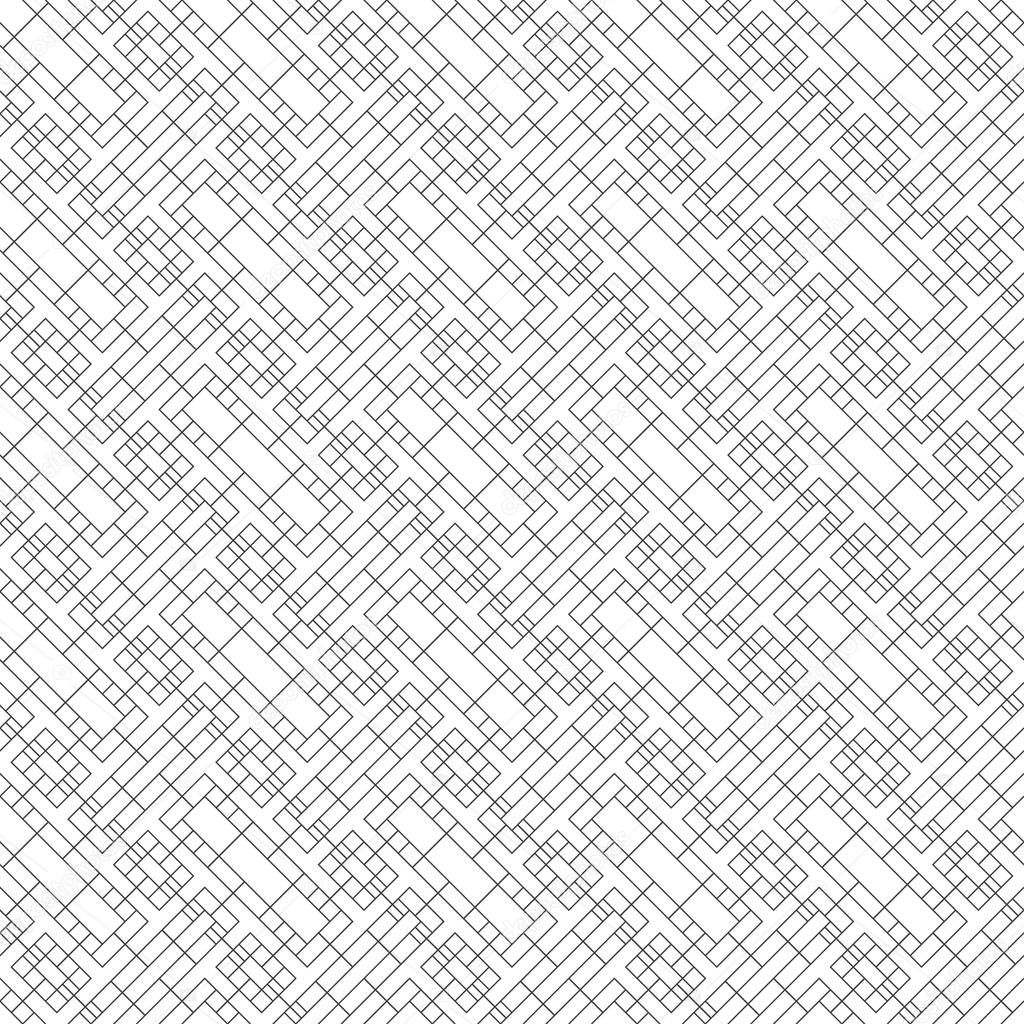 Seamless pattern. Modern simple geometrical texture with regularly repeating diagonal thin lines, rectangle shapes, bricks, small rhombuses. Outline. Contour. Vector element of graphical design
