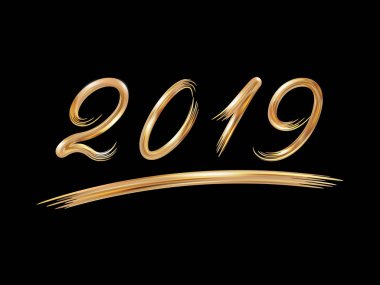 Mutlu yeni yıl 2019.The metin dabs bir fırça şeklinde. Siyah bir arka plan üzerinde altın bir yazıt. Tasarım öğeleri. Vektör şenlikli çizim.