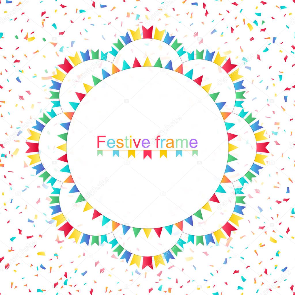Multi-colored festive frame. A round ornament for the text.Design element for invitations, parties, Christmas actions. Vector illustration.