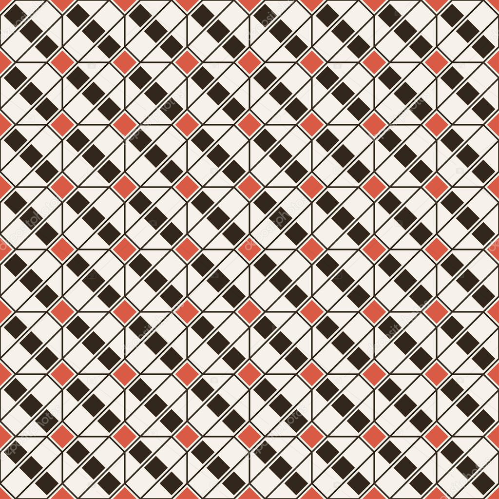 Seamless pattern. Modern stylish geometrical texture. Regularly repeating linear octagons, diagonal strips with small rhombuses, diamonds. Vector element of graphical design