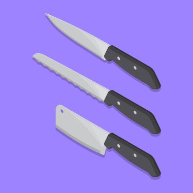 Mutfak bıçakları izole arka planda kümesi. Cutting.3d araçlar. Düz stilde bir izometrik vektör çizim. Tasarım öğeleri.
