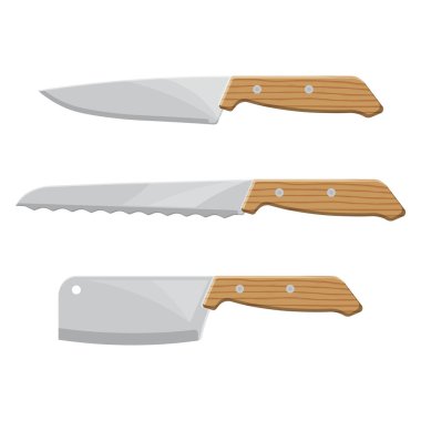 Mutfak bıçakları izole arka planda kümesi. Ahşap saplı kesme için araçlar. Tasarım öğeleri. Düz stilde bir vektör çizim.